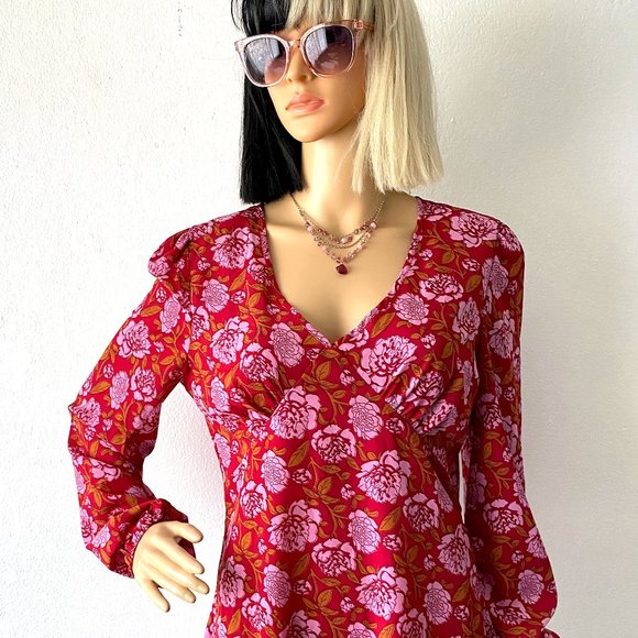 RedFloral Babydoll Minidress | NASTY GAL | Long Sleeve Fall Dress | Size 8 Dress - Picture 3 of 10